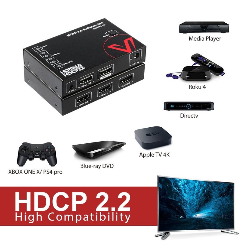 v AV Access AV Access HDMI 2.0 Switch 4 in 1 Out UHD 4K@60Hz & 1080p@120Hz, HDR10 Dobly Vision and 3D, 18Gbps Zero Latency, HDCP 2.2, Plug & Play, IR Remote/Plug-in/Button Switch, Digital DTS-HD TrueHD Audio - Image 3